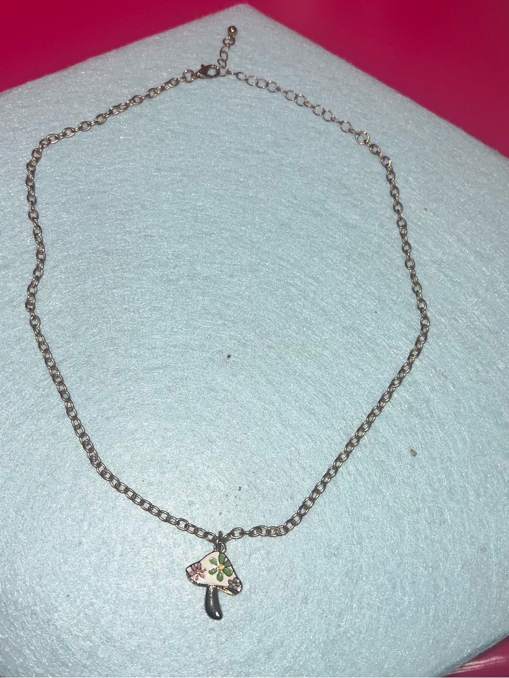 Gold-tone Mushroom Pendant Necklace with White and Green Accent